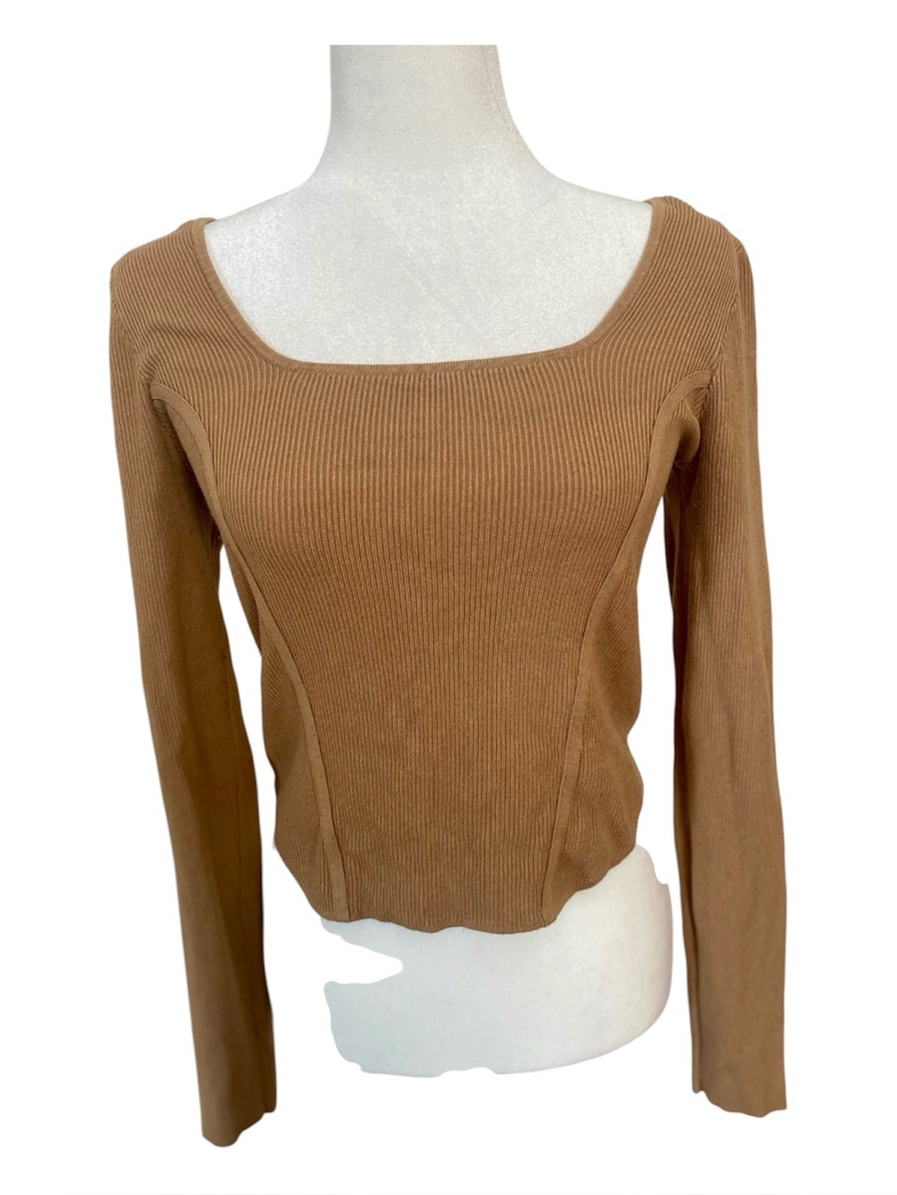 Bar III Ribbed Square Neck Long Sleeve Crop Top Tan Camel Size S